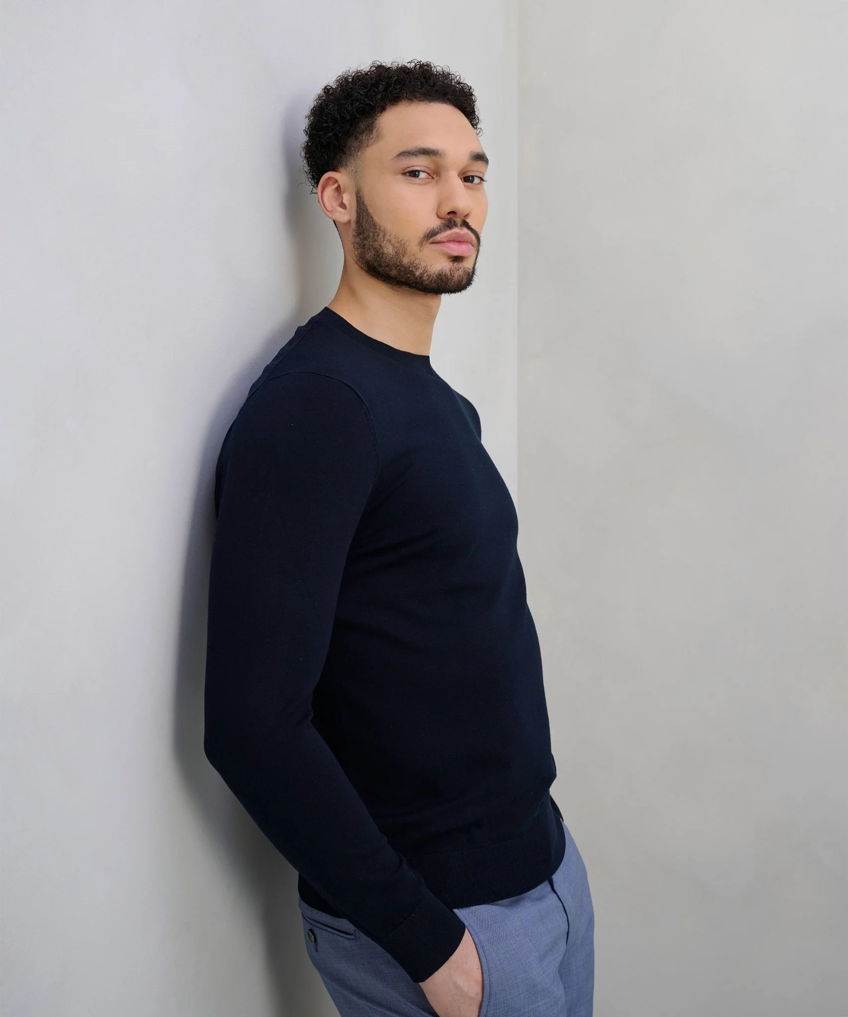 Luxury basic crewneck trui Tencel/katoen/zijde donkerblauw - Image 3