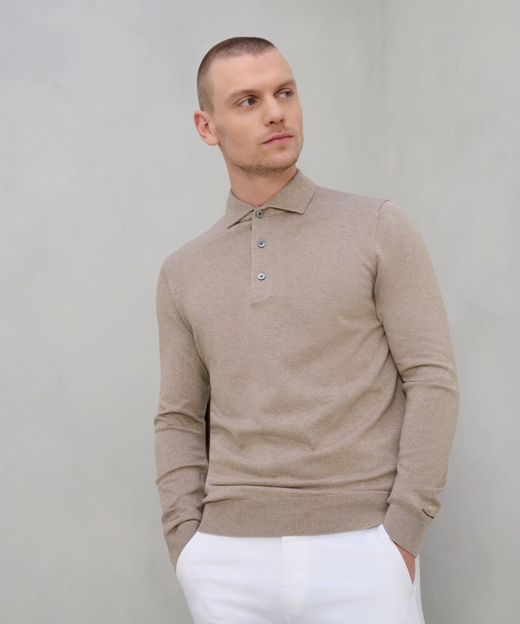 Luxury basic long sleeve one piece polo Tencel/katoen/zijde beige - Image 3
