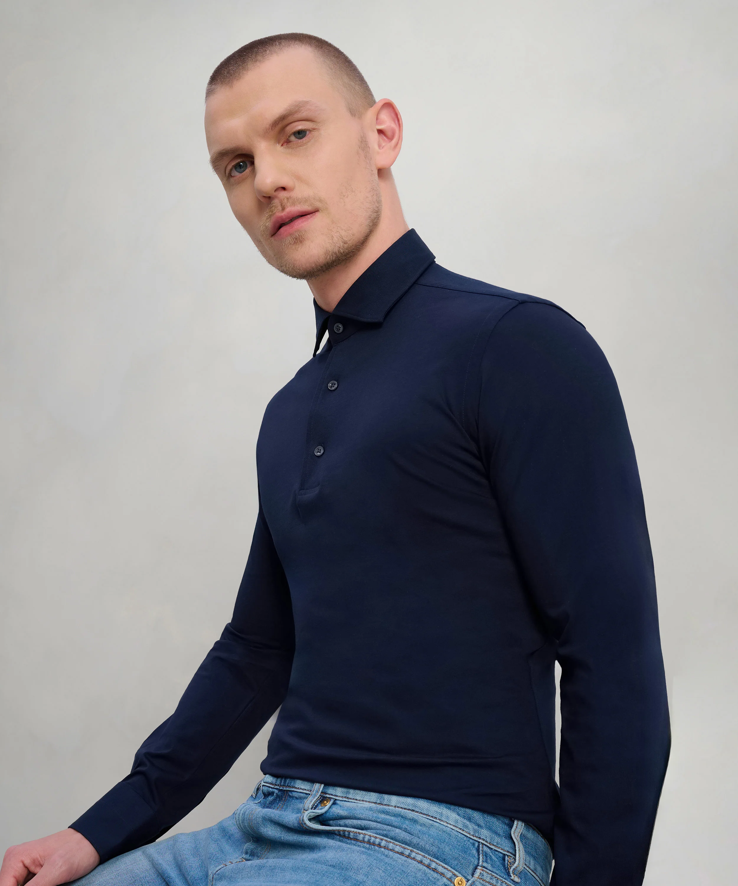 Long sleeve poloshirt mercerized cotton donkerblauw - Image 3